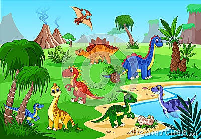 Dinosaur prehistoric landscape. Cartoon baby poster, happy animals and volcano. Dino on lake, jungle palm tree. Funny Vector Illustration