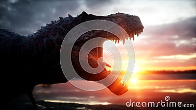 Dinosaur. Prehistoric period, rocky landscape. Wonderfull sunrise. 3d rendering. Stock Photo