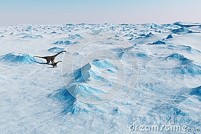 Dinosaur. Prehistoric snow landscape, ice valley with Dinosaurs. Arctic view Stock Photo