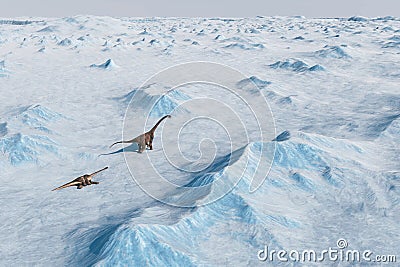 Dinosaur. Prehistoric snow landscape, ice valley with Dinosaurs. Arctic view Stock Photo