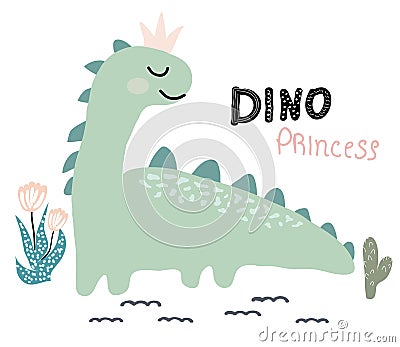 Dinosaur princess vector print in scandinavian style. chldish illustration for t shirt, kids fashion, fabric Cartoon Illustration