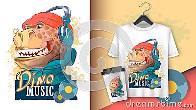 Dinosaur rapper in headphones and a hat. Tyrannosaur, typography slogan. Poster and merchandising. Can be used for print design Stock Photo