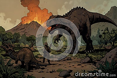 a dinosaur with a red mouth is in front of a mountain Journey Through the Jurassic Witnessing Natur Stock Photo