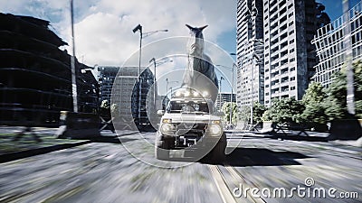 Dinosaur rex running behind the car in destroyed city. Dinosaurs apocalypse. Concept of future. 3d rendering. Stock Photo