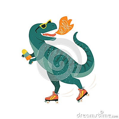 Dinosaur on roller skates with ice cream. Roar. Vector illustration. Vector Illustration