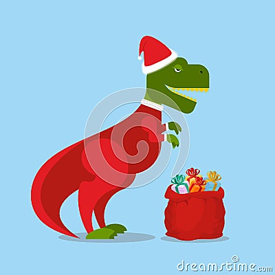 Dinosaur Santa Claus. T-Rex in Christmas hat. Tyrannosaurus Vector Illustration