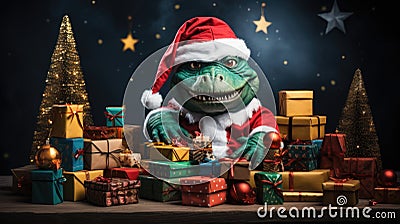 A dinosaur in a santa hat sitting in a pile of presents. Generative AI image. Stock Photo