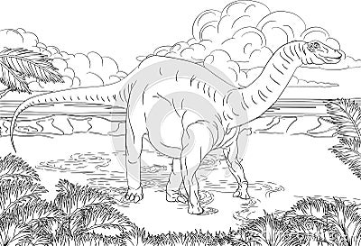 Dinosaur Scene Cartoon Coloring Book Page Vector Illustration