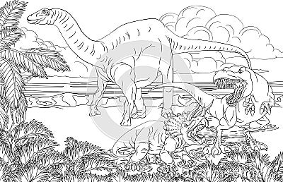 Dinosaur Scene Cartoon Coloring Book Page Vector Illustration