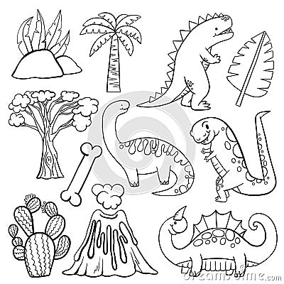 Dinosaur Scene Making Set Line Art Vector Illustration