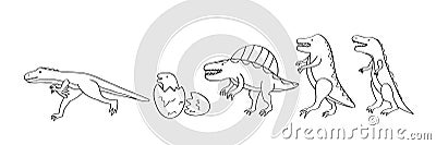 Dinosaur set. Hand-drawn coloring page for kids. The spinosaurus dinosaur, tyrannosaurus rex, velociraptor, dinosaur egg Vector Illustration