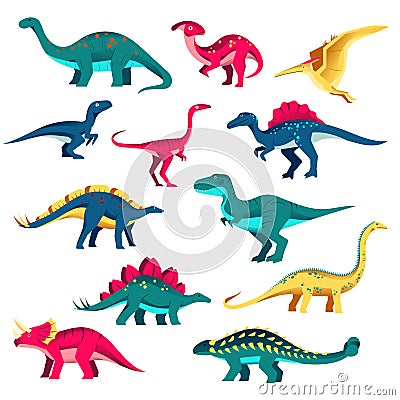 Dinosaur set. Vector colorful flat illustration. Cute dino collection, kids design elements isolated on white background Vector Illustration