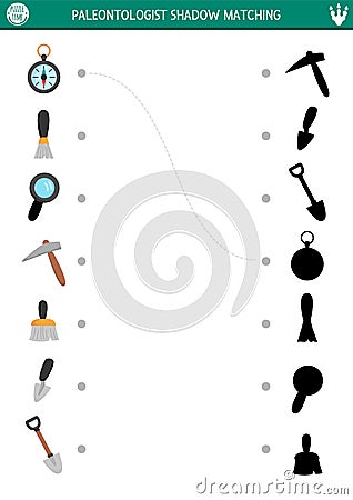 Dinosaur shadow matching activity with paleontologists objects. Prehistoric puzzle with archeologists attributes. Find correct Vector Illustration