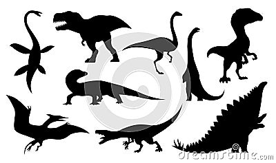 Dinosaur silhouettes set. Dino monsters icons. Prehistoric reptile monsters. Vector illustration isolated on white Vector Illustration