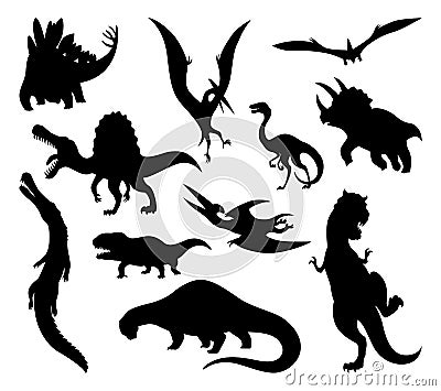 Dinosaur silhouettes set. Dino monsters icons. Shape of real animals. Sketch of prehistoric reptiles. Vector Vector Illustration