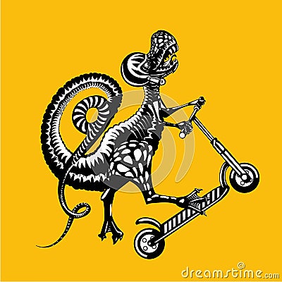 Tyrannosaurus Rex is riding on a kick scooter. Vector graphic illustration, tattoo style. Vector Illustration