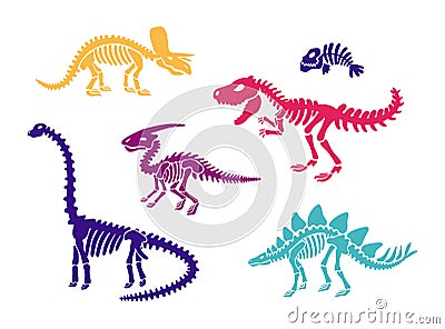 Dinosaur skeleton fossils set diplodocus, triceratops, t-rex, stegosaurus, parasaurolophus, fish Vector Illustration