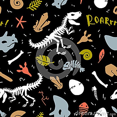 Dinosaur skeleton and fossils. Vector seamless pattern. Colorful. Vector Illustration