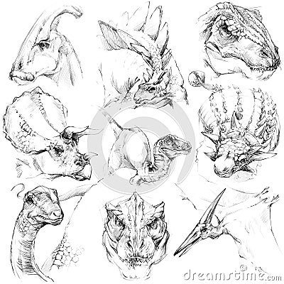 Dinosaur sketch set. Outline dinosaur jurassic period. Cartoon Illustration