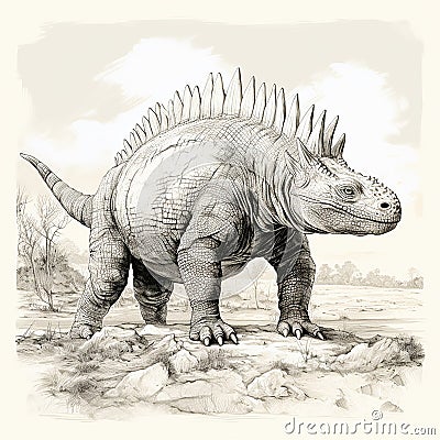 Dinosaur, stegosaurus, prehistoric reptile, black and white drawing, engraving style, Stock Photo