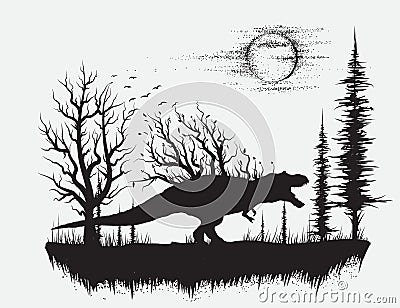 Dinosaur t-rex in strange forest Vector Illustration