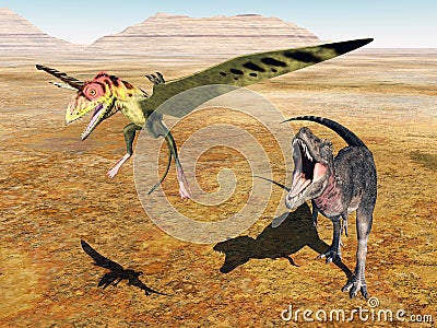 The dinosaur Tarbosaurus attacks the pterosaur Peteinosaurus Cartoon Illustration