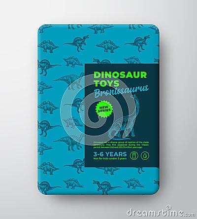 Dinosaur Toys Label Template. Abstract Vector Packaging Design Layout. Hand Drawn Brontosaurus Sketch with Ancient Vector Illustration