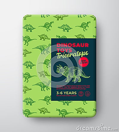 Dinosaur Toys Label Template. Abstract Vector Packaging Design Layout. Hand Drawn Triceratops Sketch with Ancient Vector Illustration