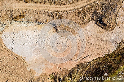 Dinosaur tracks of Comanche National Grassland. La Junta, Colorado. Aerial Drone Photo Stock Photo