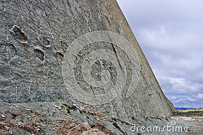 Dinosaur Tracks on the Wall of Cal Orko, Sucre, Bolivia Stock Photo