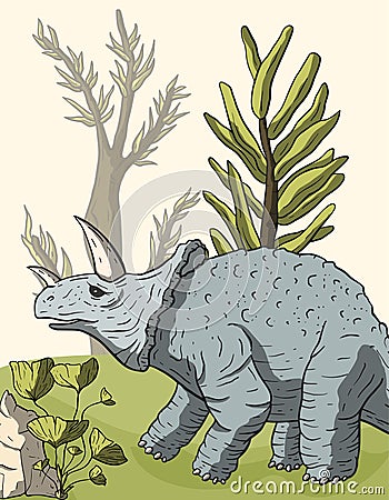 Dinosaur triceratops in its habitat. Vector Illustration