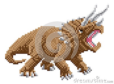 Dinosaur Triceratops Pixel Art Arcade Game Cartoon Vector Illustration