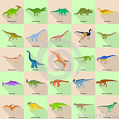 Dinosaur types signed name icons set, flat style Vector Illustration