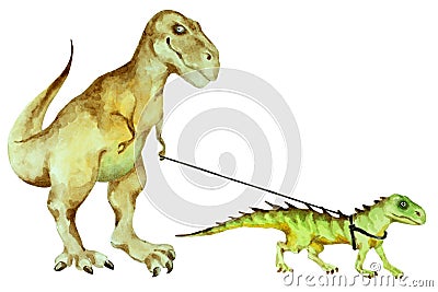 Dinosaur Tyrannosaurus rex walking a small dinosaur on a leash Cartoon Illustration