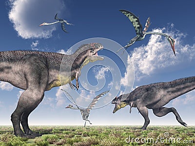 Dinosaur Tyrannotitan and pterosaur Quetzalcoatlus Cartoon Illustration