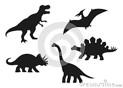 Dinosaur vector silhouettes - T-rex, Brachiosaurus, Pterodactyl, Triceratops, Stegosaurus. Cute flat dinosaurs isolated Vector Illustration