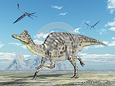 Dinosaur Velafrons and pterosaur Quetzalcoatlus Cartoon Illustration