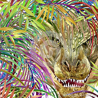 Dinosaur watercolor. Dinosaur, tropical exotic forest background illustration Dinosaur. Cartoon Illustration
