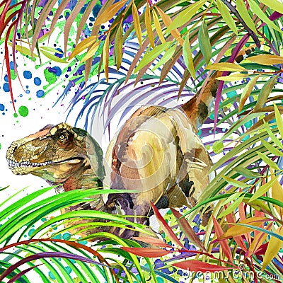 Dinosaur watercolor. Dinosaur, tropical exotic forest background illustration Dinosaur. Cartoon Illustration