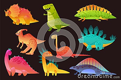 Dinosaur wild animal set. Funny dinosaurs wild animals dragon and nature reptile, childish bright exotic prehistoric Vector Illustration