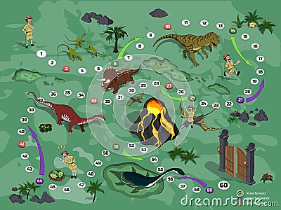 Dinosaurs board game in cartoon style. Landscape with path. Adventure map of dino park in isometric style. Board maze Vector Illustration