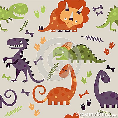 Dinosaurs .bones, leaves and footprints Vector Illustration