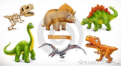 Dinosaurs cartoon character. Brachiosaurus, pterodactyl, tyrannosaurus rex, dinosaur skeleton, triceratops, stegosaurus. Funny Vector Illustration