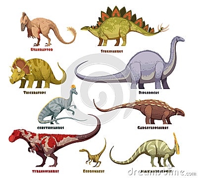 Dinosaurs Cartoon Set With Names Vector Illustration