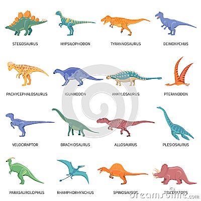 Dinosaurs Colored Icons Set Vector Illustration