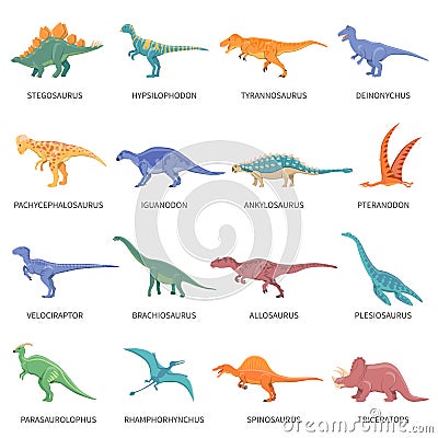 Dinosaurs Colored Isolated Icons Set Vector Illustration