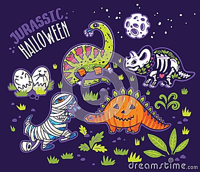 Dinosaurs in costumes for Halloween. Vector set of characters Vector Illustration