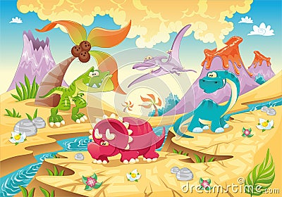 Dinosaurs family with background. Vector Illustration