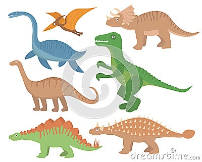 Dinosaurs flat icon set, cartoon style. Collection of objects with pterosaur, stegosaurus, triceratops, allosaurus Vector Illustration