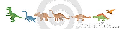 Dinosaurs flat icon set, cartoon style. Collection of objects with pterosaur, stegosaurus, triceratops, allosaurus Cartoon Illustration